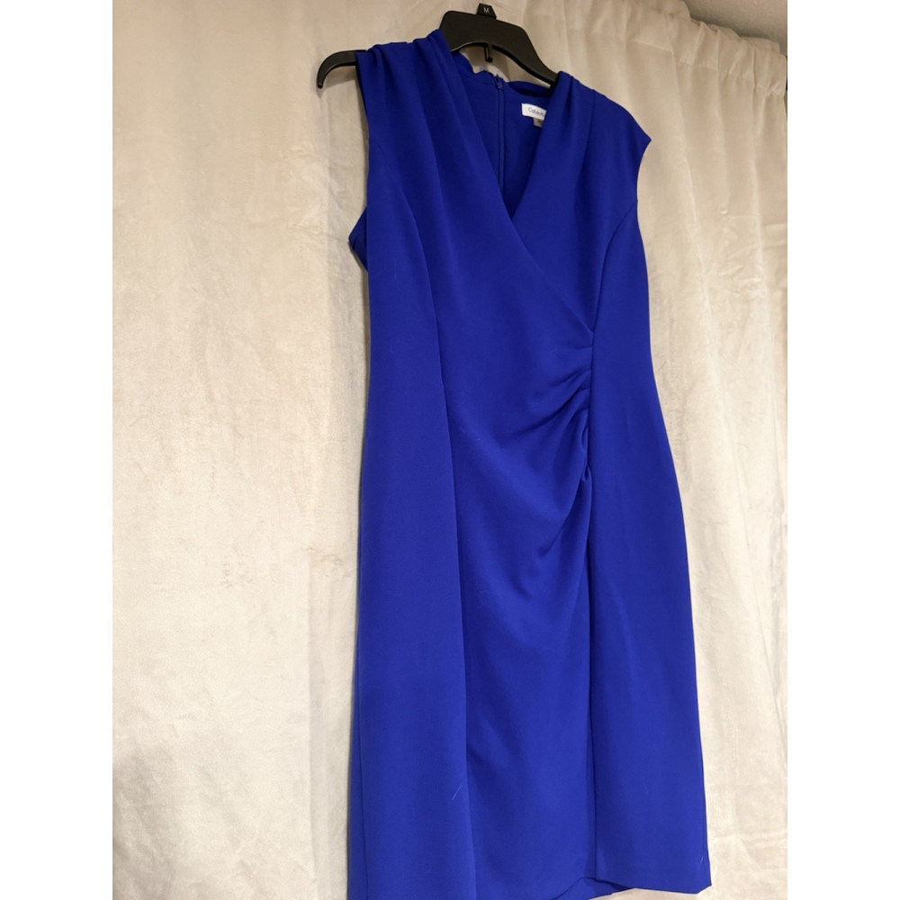 Calvin Klein Womens Royal Blue Ruched Sheath Dress Size 10 Cap Sleeve V Neck - Picture 2 of 8